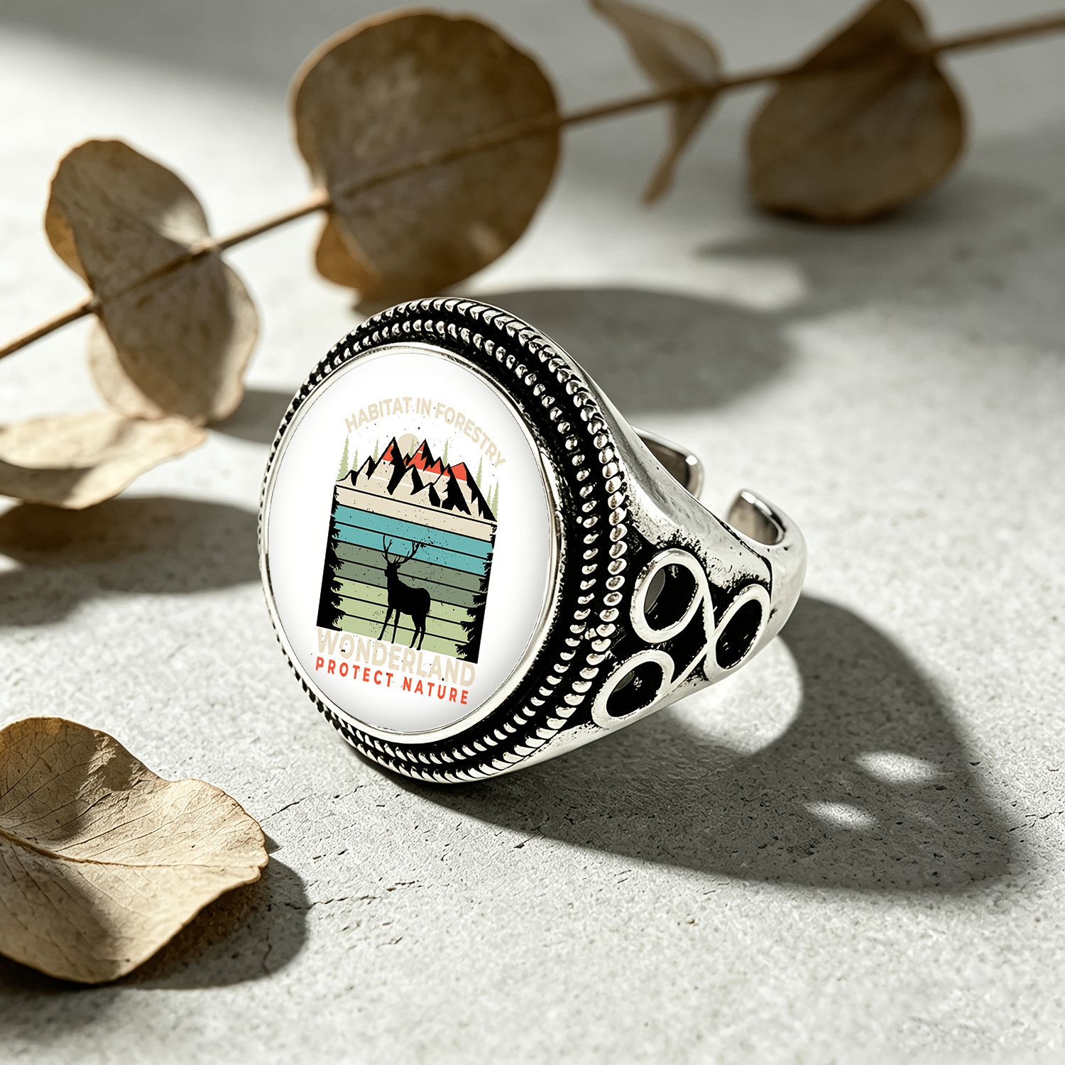 Unisex Adjustable Open-End Ring with Distressed Deer & Mountain Design
